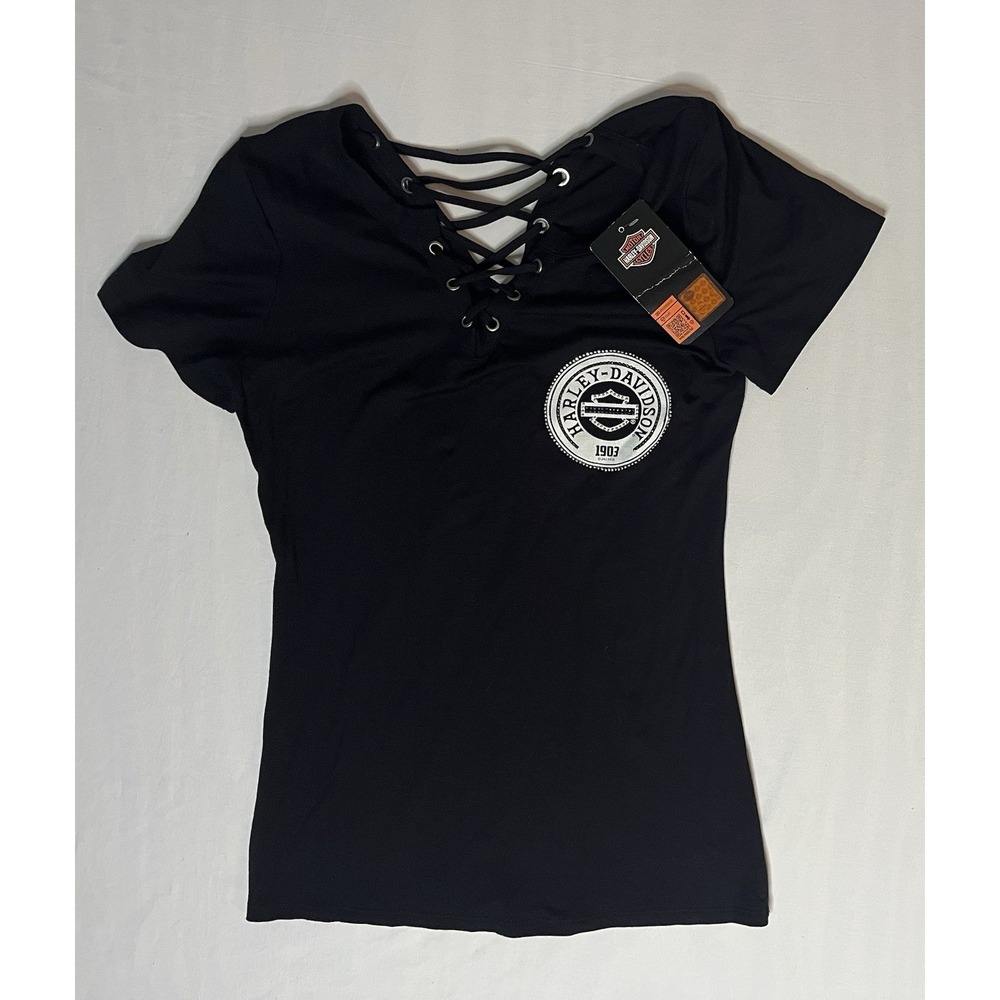 NWT Harley Davidson Eyelet Lace Front n Back Top Shirt Women's Size Small Black